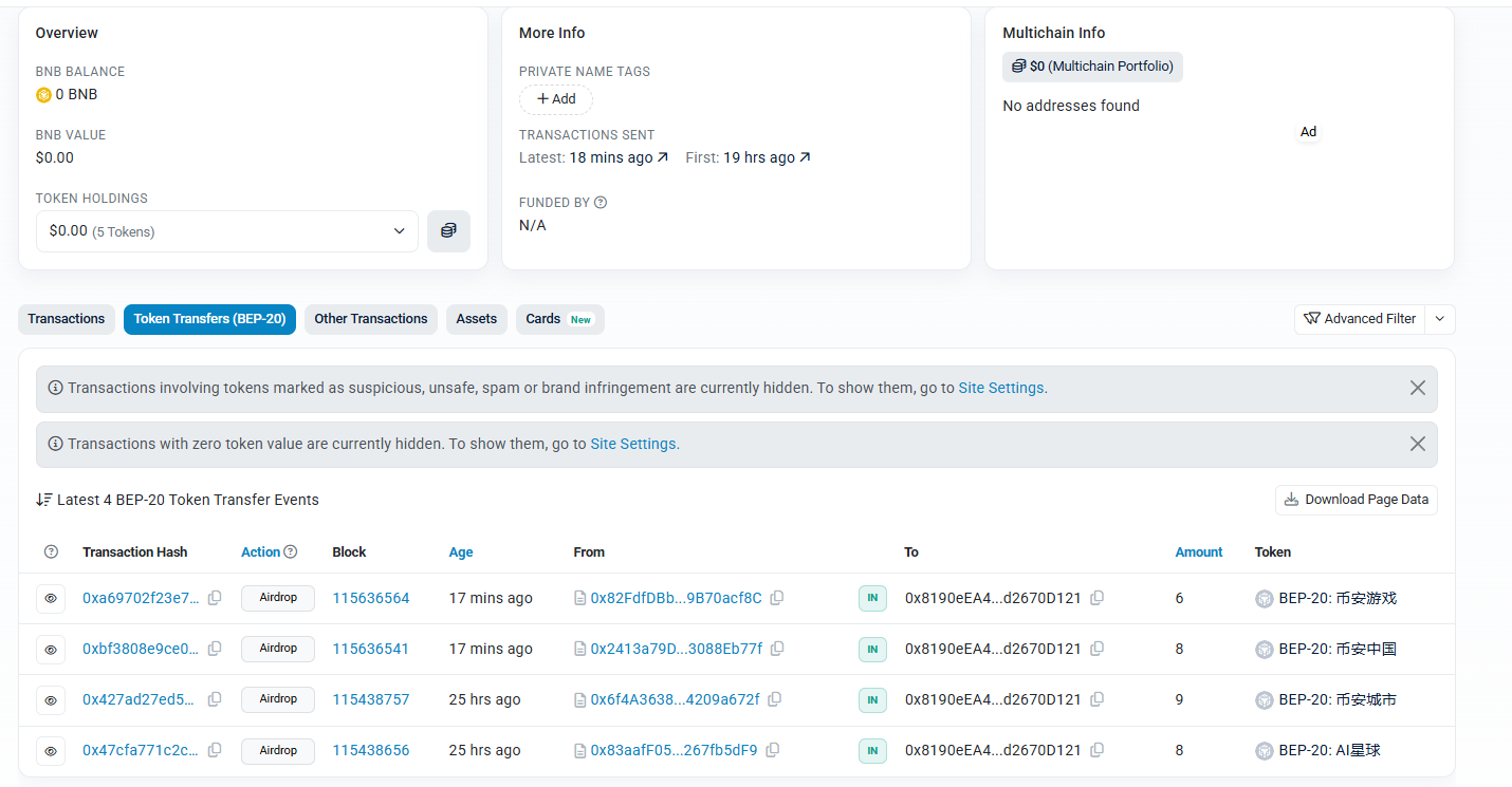 BscScan BEP-20 token transfers into the scammer wallet, all unsolicited spam airdrops