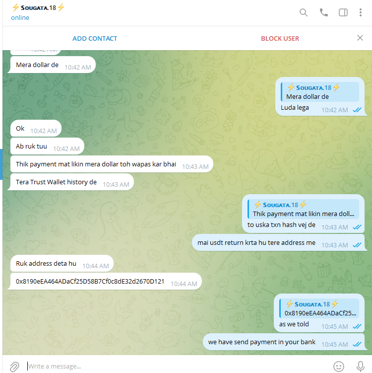 Telegram chat: demands to return the dollars, followed by a wallet address
