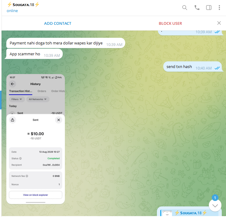 Telegram chat: accusation that the app is a scammer, and a request for the transaction hash