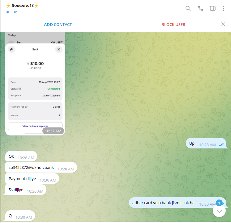 Telegram chat showing a UPI ID supplied and escalating demands for a payment screenshot