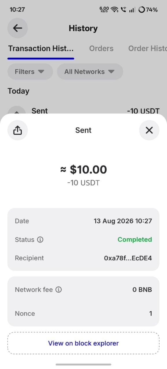 Wallet transaction detail screen showing sent 10 USDT with 0 network fee