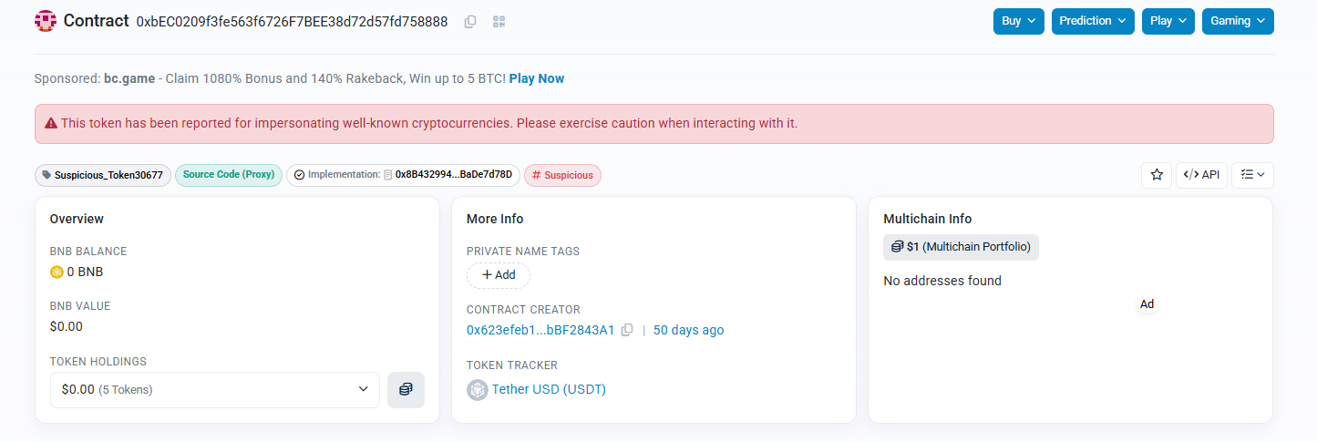 BscScan contract page for the fake token, flagged as impersonating well-known cryptocurrencies